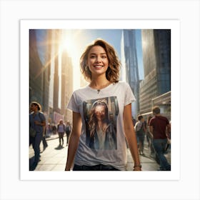 Confident Young Woman Smiling Radiantly Dressed In A Trendy T Shirt Stands At The Center Of A Bus (3) Art Print