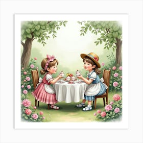 British Tea Time In A Quaint Garden, Watercolor Style With Delicate Details 1 Art Print