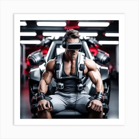 Alpha Male Model Working Out With Heavy Weight Machine, Wearing Futuristic Sonic Armor Exoskeletons And Vr Headset With Headphones Award Winning Photography With Sports Car, Designed By Apple Studio (1) Art Print