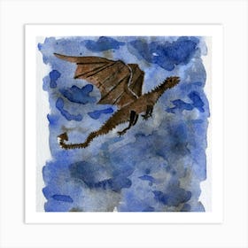 Brown Flying Dragon Watercolor Painting Art Print