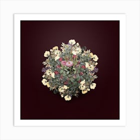 Vintage Mossy Pompon Rose Flower Wreath on Wine Red n.2209 Art Print