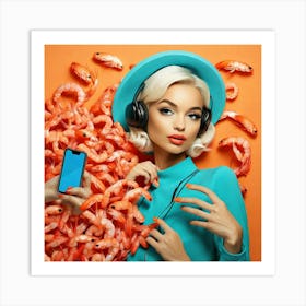 Young Woman Listening To Music And Eating Shrimp Art Print