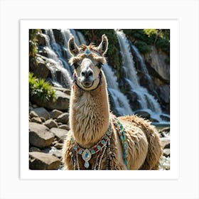 Llama In Front Of Waterfall Art Print