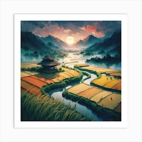 Beautiful views of rice fields, close to the river and surrounded by mountains, 8 Art Print