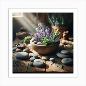 Lavender And Stones On A Wooden Table Art Print