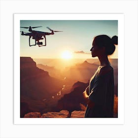 A Travel Vlogger’s Golden Hour: A Silhouette of a Woman Gazing at the Grand Canyon with Her Drone Camera Art Print