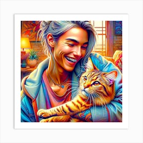 Portrait Of A Girl With A Cat - Millenial Art Print