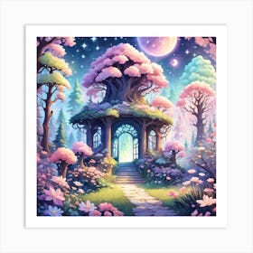 A Fantasy Forest With Twinkling Stars In Pastel Tone Square Composition 7 Art Print