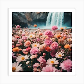 Pink Flowers In Front Of Waterfall 1 Art Print