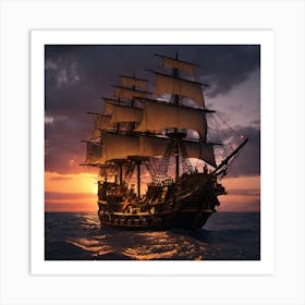 Pirate Ship At Sunset Art Print