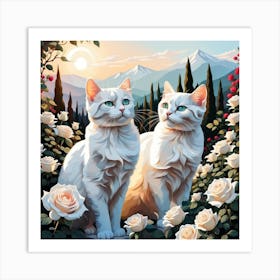 Two White Cats In The Garden Art Print