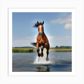 Horse Jumping In Water Art Print