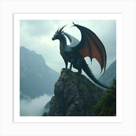 A Majestic Wyvern Perched On The Peak Of A Misty, Ancient Mountain 1 Art Print