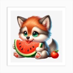 Cute Fox Eating Watermelon Art Print