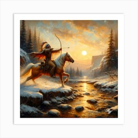 Native American Indian Shooting A Bow Crossing Stream 3 Copy Art Print