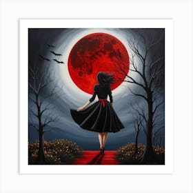 Woman walking on a moonlight, red moon, big moon, vampire Art Print