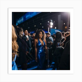 A Sexy Black Woman In A Blue Latex Dress in Distance With A On the Blue Carpet- Created by Midjourney Art Print