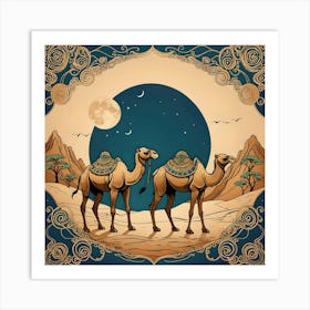 Camels At Night, Beige, Brown & Turquoise Art Print