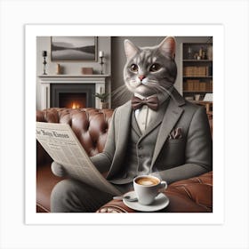 The Sophisticated Cat: A Detailed Drawing of a Cat with a Newspaper and a Coffee Art Print