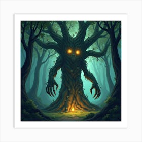 Giant Tree Spirit With Glowing Eyes, Guarding An Ancient Enchanted Forest 1 Art Print