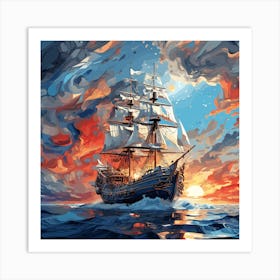 Of A Ship At Sunset Art Print