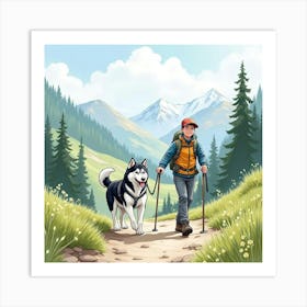 A Siberian Husky And A Teenager Hiking Together On A Mountain Trail, Watercolor Art Print