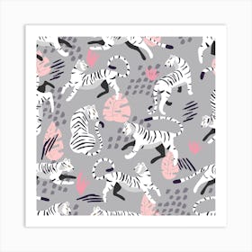 White Tiger Pattern On Gray With Pink Decoration Square Art Print