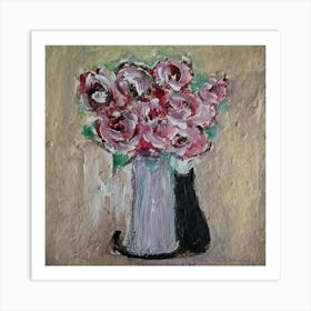 Roses in a Vase with a Black Cat Art Print