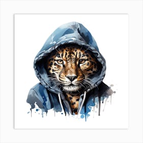 Watercolour Cartoon Leopard In A Hoodie 1 Art Print