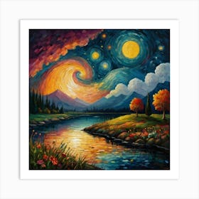 Starry Night Over The River Art Print