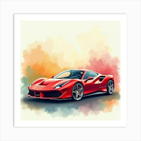 Ferrari F8 Tributo Amidst A Colorful Watercolor Setting, No Logos Art Print