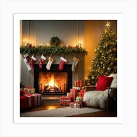 A Convivial Christmas Scene A Roaring Hearth Fireplace Illuminating The Room A Lush Evergreen Chri (3) Art Print