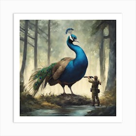 A Peacock In The Forest Spreading His Feather In F Art Print