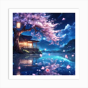 Warm Lantern Light on Cherry Blossom Lake Art Print