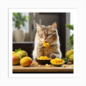 A Cat Eating Delicious Mango Art Print