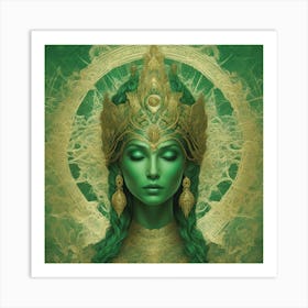 In All Pantone Contrasting Shades Of Green Only With A Large Golden Trident Ethereal Hindu Beaut (1) Art Print