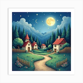 Dreamlike Watercolor Village Under Enchanted Moon 1 Art Print