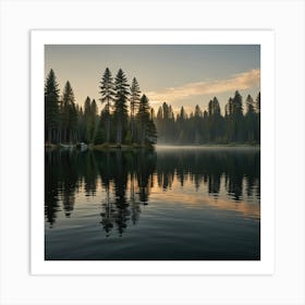 A Serene Lake Surrounded By Towering Pine Trees At Sunrise Art Print