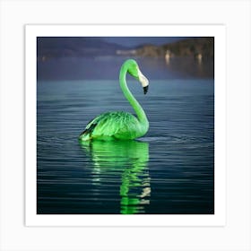 Firefly Whimsical Green Flamingo Gliding On A Glass Lake 65797 (2) Art Print