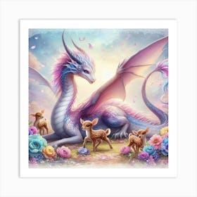 Dragon And baby deer  Art Print