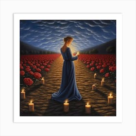 Woman In A Field Of Roses Art Print