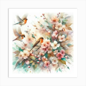 Robins And Blossoms Art Print