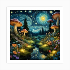 Starry Night In The Enchanted Forest with Giant Mushrooms and Exotic Wildflowers Art Print