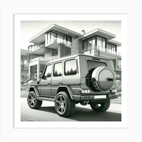 A Pencil Drawing Of A Mercedes Benz G Wagon In Front Of A Beautiful Modern Mansion 2 Art Print