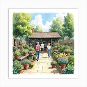 An English Garden Center With People Shopping For Plants And Garden Supplies, Watercolor 1 Art Print