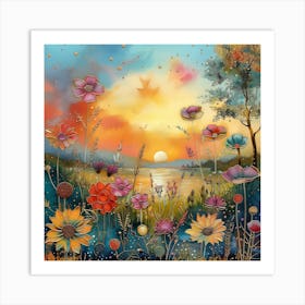 Sunset With Flowers 3 Art Print