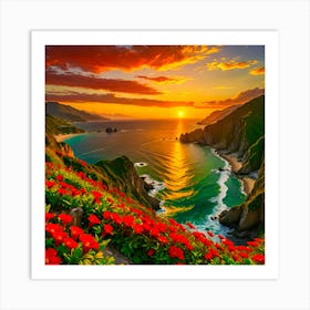 Sunset With Flowers Art Print