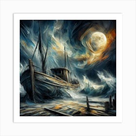 "Greg Rutkowski's Masterpiece: A Forgotten Fishing Boat Whispers Tales in Moonlit Waves | ArtStation Trending, Oil Painting with Bold Strokes and Intricate Details. Art Print