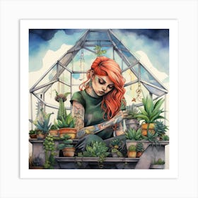 Red Head Greenhouse Girl And Plants Watercolour Art Print