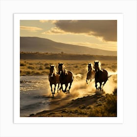 Horses Running By The River 1 Art Print